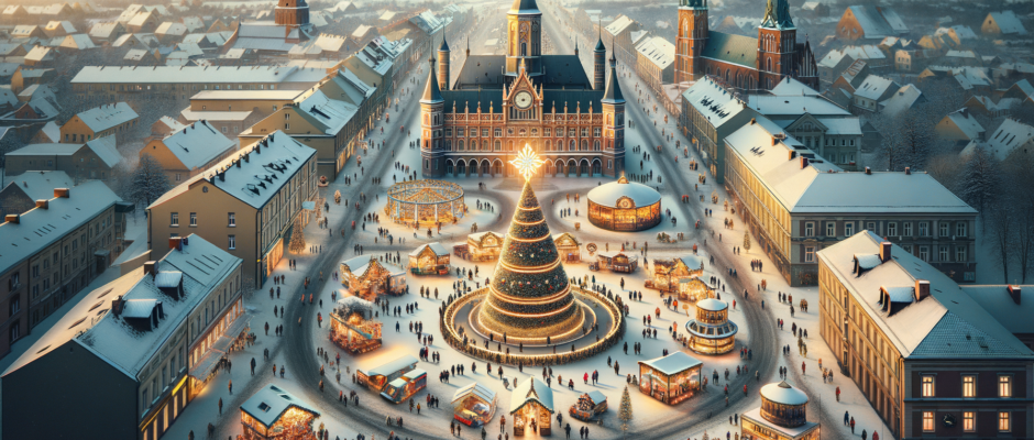 Urokliwy widok na świątecznie ozdobioną ulicę w Łodzi, z mieszkańcami cieszącymi się grudniową atmosferą w regionie łódzkim.