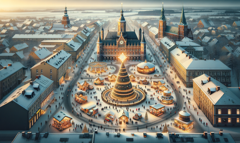 Urokliwy widok na świątecznie ozdobioną ulicę w Łodzi, z mieszkańcami cieszącymi się grudniową atmosferą w regionie łódzkim.